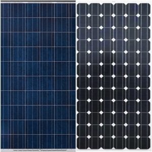 imagem quadrada na qual constam dois paineis fotovoltaicos. Ambos são azuis, mas o da esquerda é um tom mais claro. O painel da esquerda é policristalino e conta com filetes retangulares ao longo de sua estrutura. O painel da esquerda é monocristalino e além dos filetes brancos/prata, conta com pontos de união em formato de losango que também são brancos, montando um padrão com vários quadrados ligados em suas pontas a outros quadrados por losangos.