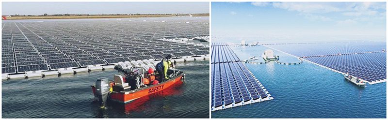 Duas fotos colocadas lado-a-lado mostrando grandes extensões de painéis fotovoltaicos boiando em superfícies aquáticas. Composição de usinas flutuantes.