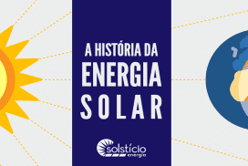 Retângulo de fundo cinza. Na extremidade esquerda, temos a metade de um sol no estilo ilustração gráfica das cores amarelo e laranja. Na extremidade direita, um globo terreste composto pelas cores azul, laranja e laranja claro. Ao centro, um quadrado roxo escuro com o título História da Energia Solar