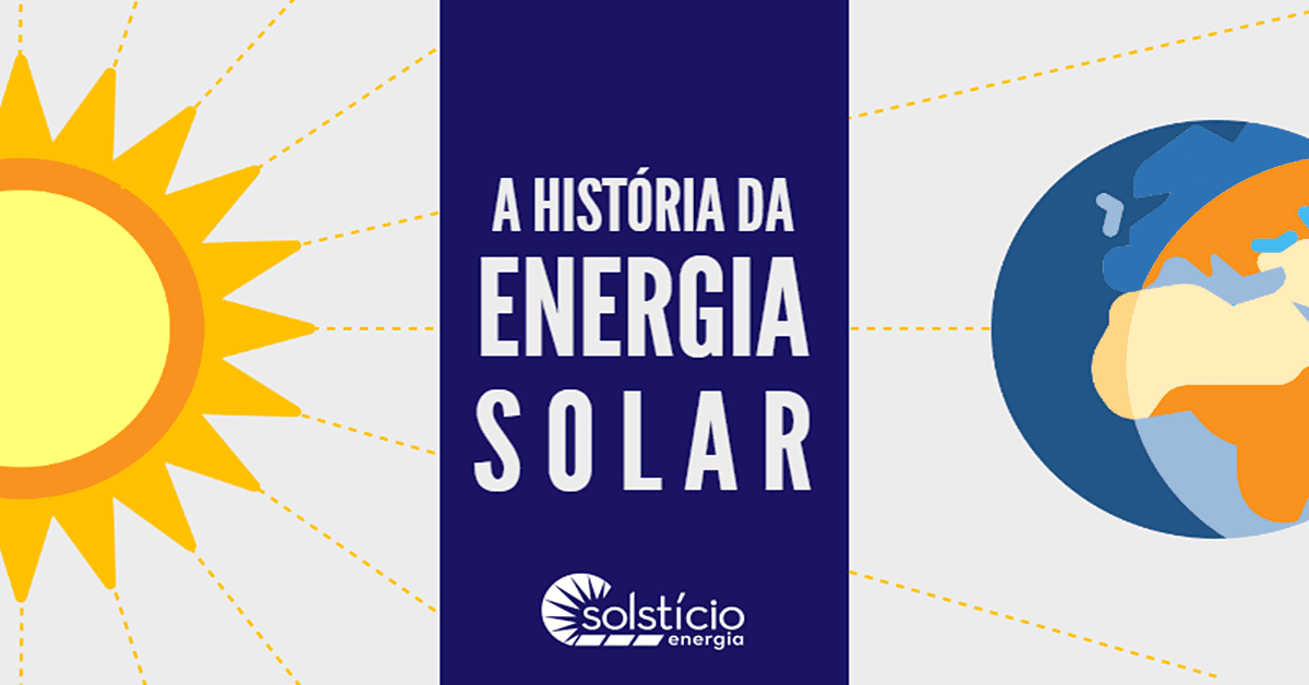 Retângulo de fundo cinza. Na extremidade esquerda, temos a metade de um sol no estilo ilustração gráfica das cores amarelo e laranja. Na extremidade direita, um globo terreste composto pelas cores azul, laranja e laranja claro. Ao centro, um quadrado roxo escuro com o título História da Energia Solar