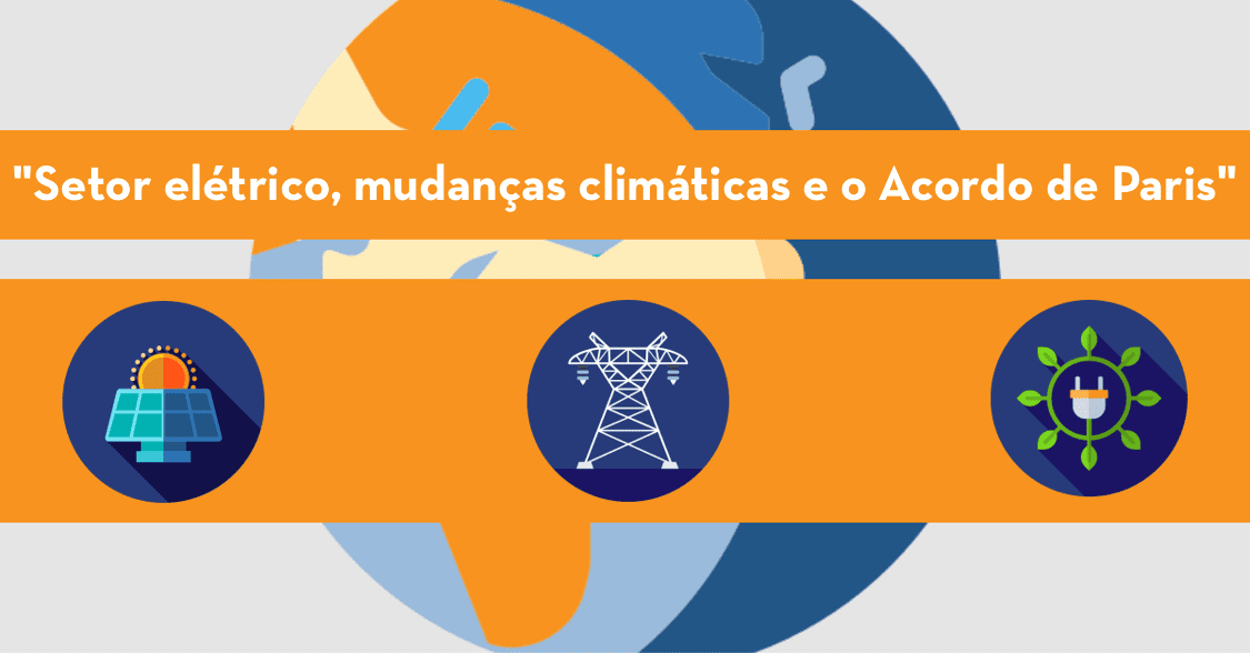 Retângulo de fundo cinza com uma ilustração do planeta terra ao centro, ocupando boa parte do quadro. Sobreposta à Terra, está uma faixa laranja com três ícones: o primeiro é um sol e um painel fotovoltaico, o segundo é uma torre de transmissão do setor elétrico e o ultimo é uma tomada com um círculo de folhas ao seu redor.