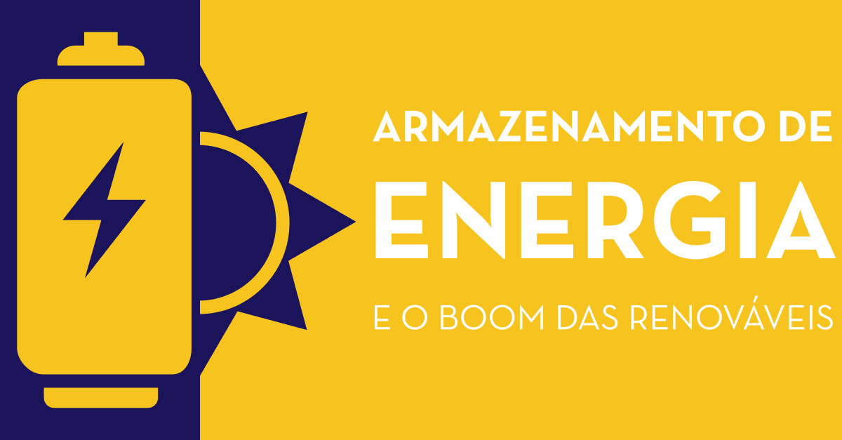 Retângulo amarelo e roxo com metade de um sol ao lado de uma pilha, para o post sobre armazenamento de energia renovável.