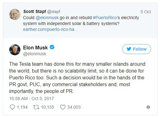Com a ideia de reconstruir Porto Rico com energia solar, Elon Musk se posiciona no Twitter dizendo que "o time da Tesla já fez o mesmo para ilhas menores ao redor do mundo", mas não há limite de escala, então pode ser feito em Porto Rico também".